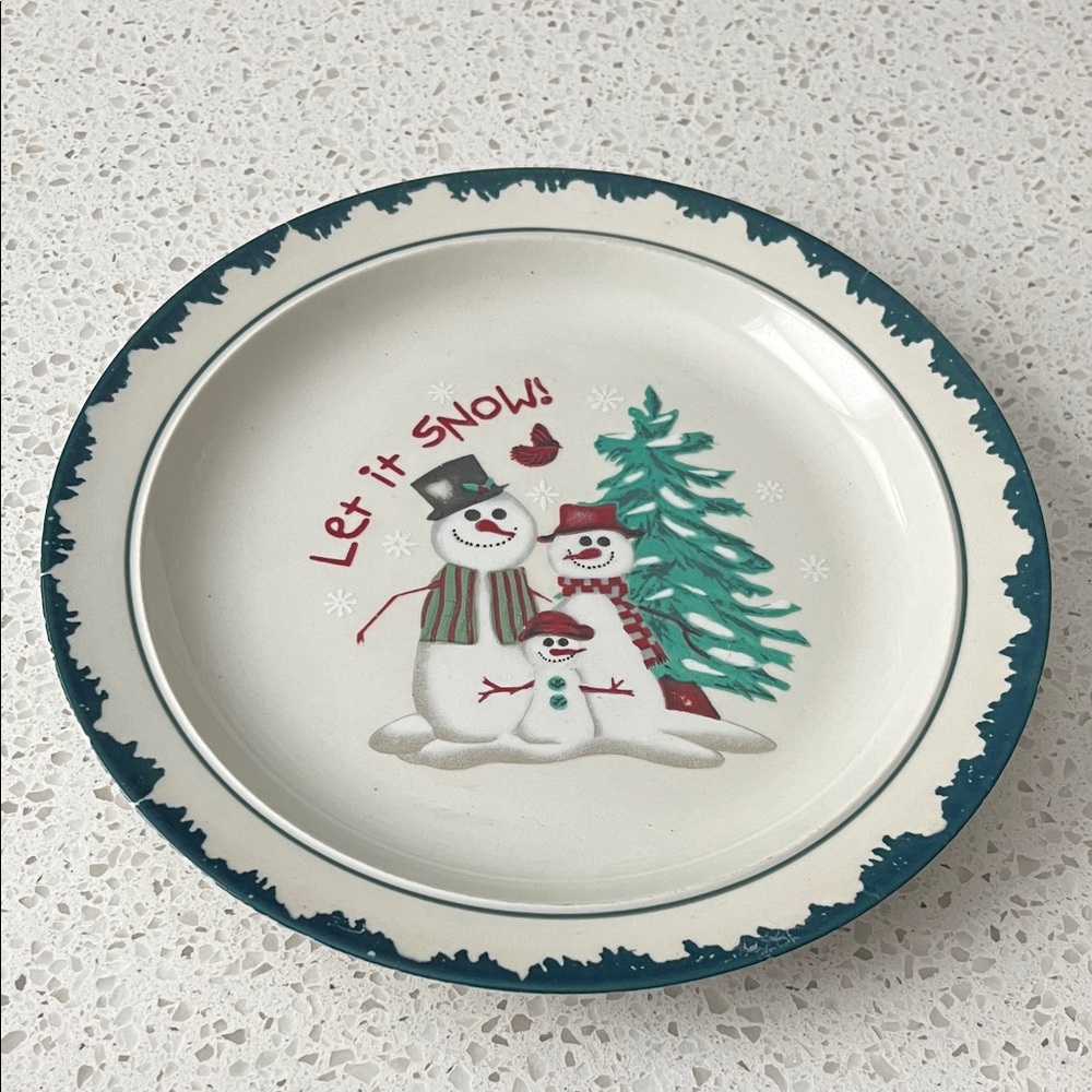 Holiday Snowman Ceramic Dinner Plate - White & Green